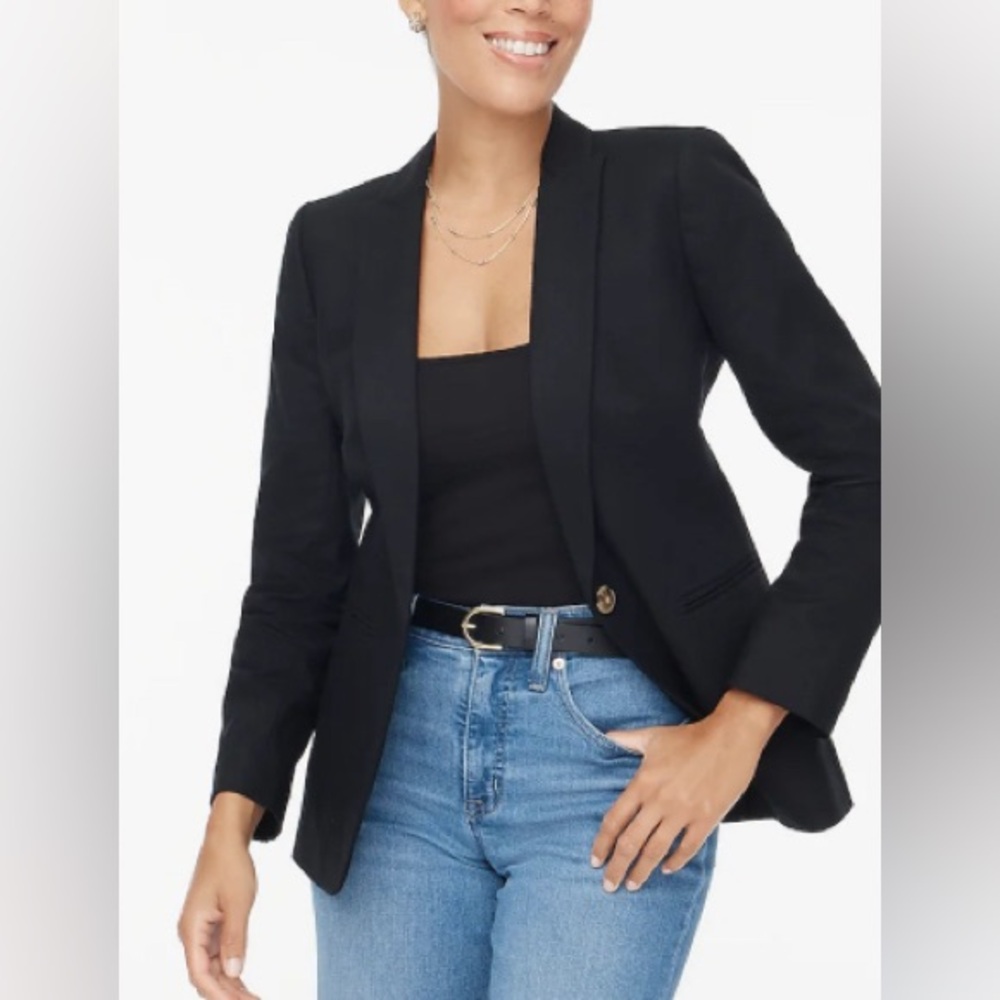 J. Crew Womens Black Petite linen-blend one-button blazer - Picture 2 of 11
